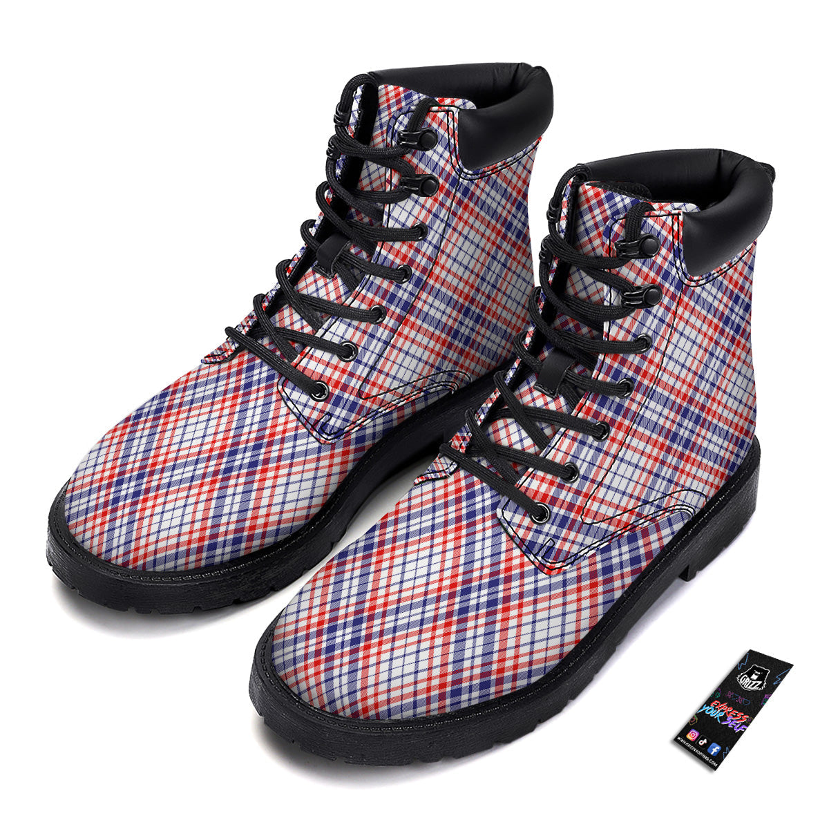 White American Plaid And Blue Red Print Boots-grizzshop