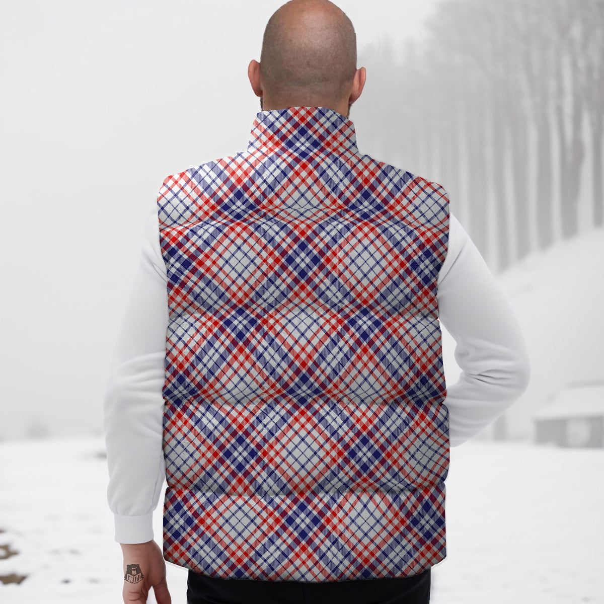 White American Plaid And Blue Red Print Down Vest
