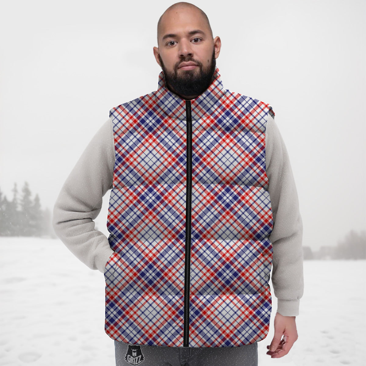 White American Plaid And Blue Red Print Down Vest