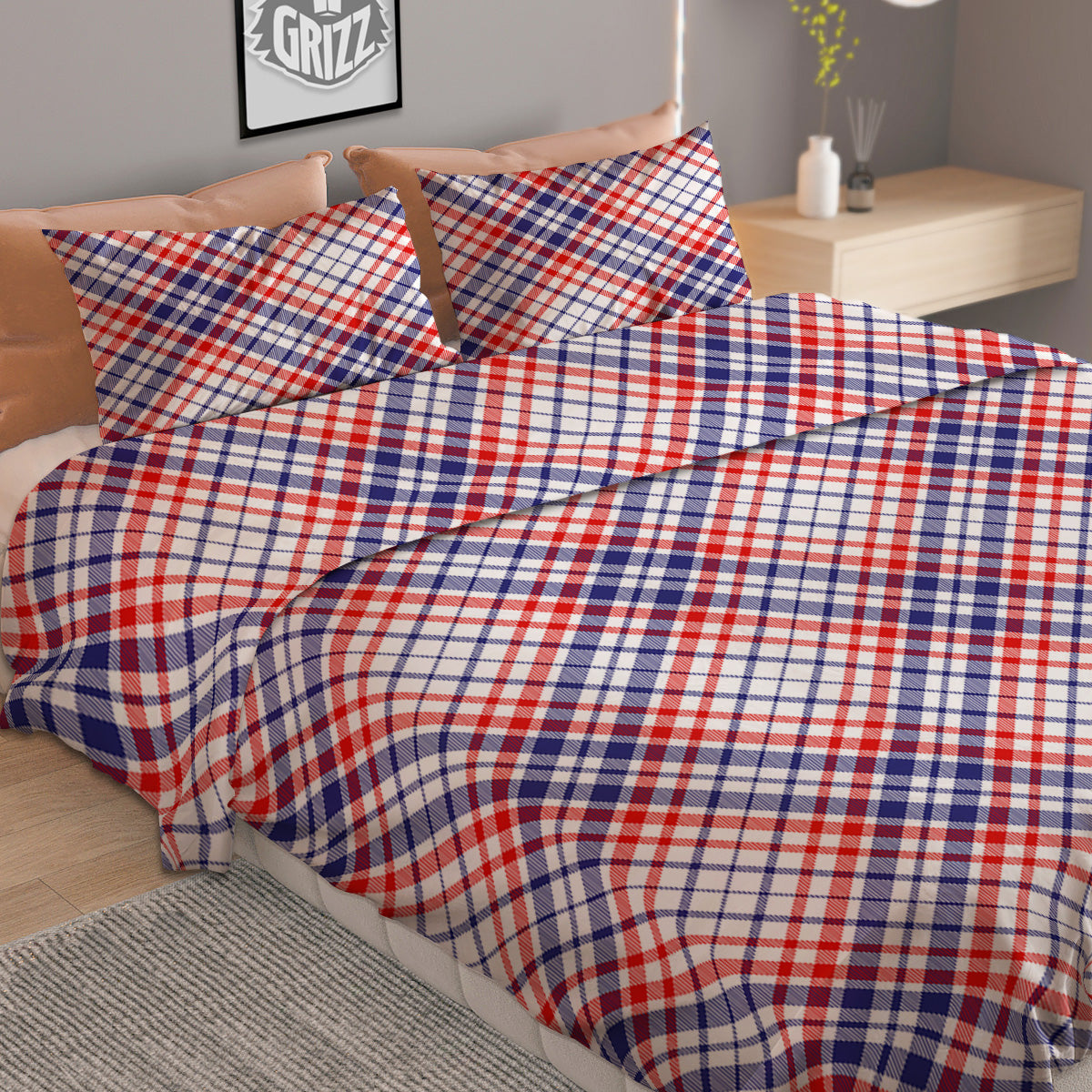 White American Plaid And Blue Red Print Duvet Cover Bedding Set