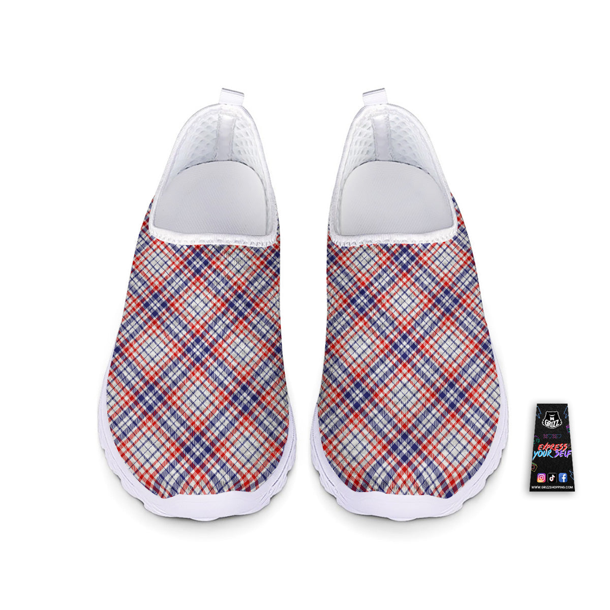 White American Plaid And Blue Red Print Nurse Shoes-grizzshop