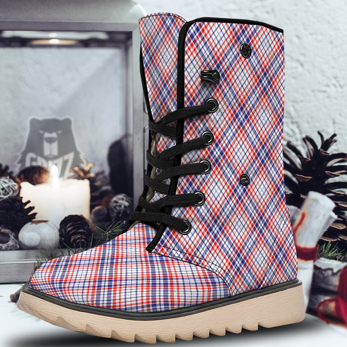 White American Plaid And Blue Red Print Snow Boots-grizzshop