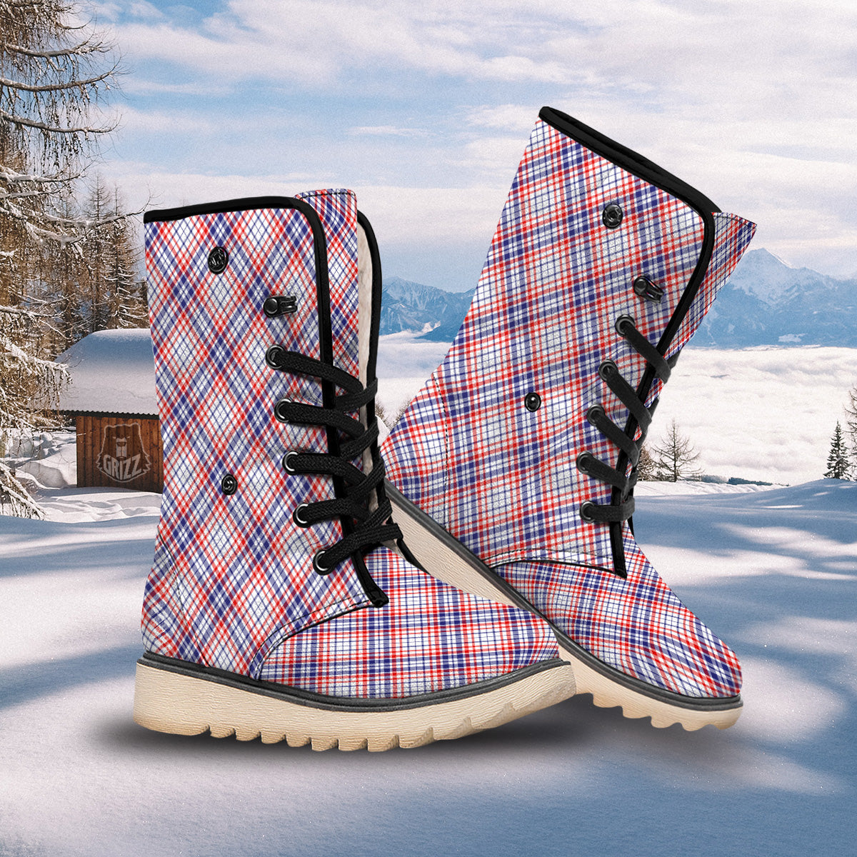 White American Plaid And Blue Red Print Snow Boots-grizzshop