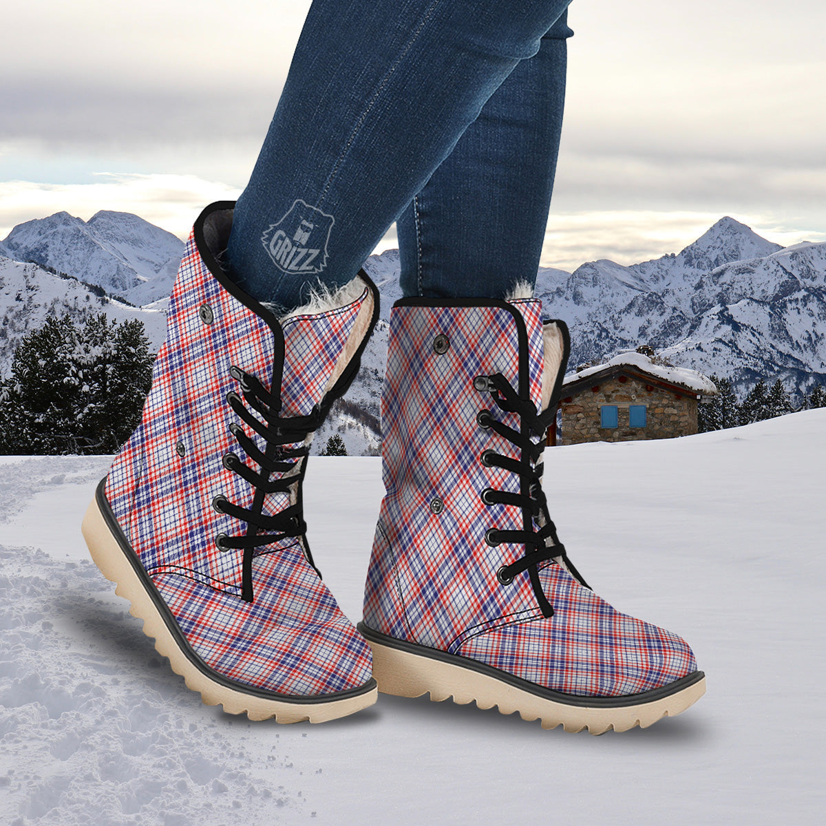 White American Plaid And Blue Red Print Snow Boots-grizzshop
