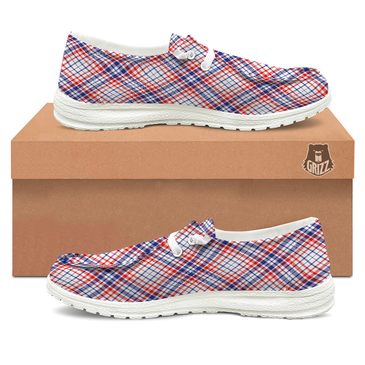 White American Plaid And Blue Red Print White Loafers-grizzshop