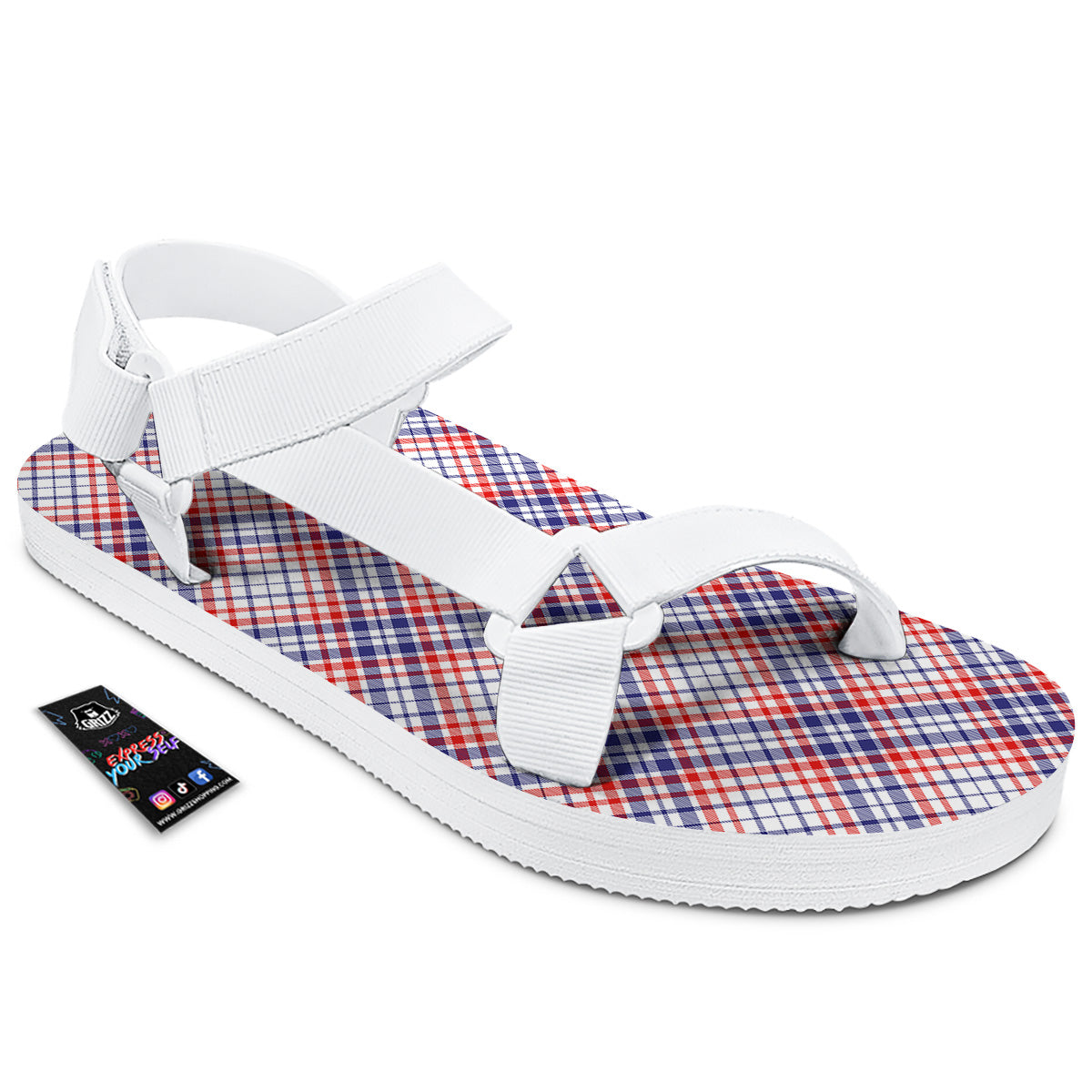 White American Plaid And Blue Red Print White Open Toe Sandals-grizzshop