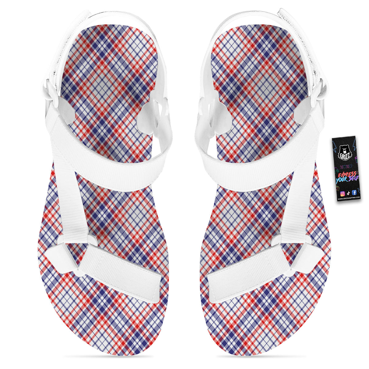 White American Plaid And Blue Red Print White Open Toe Sandals-grizzshop