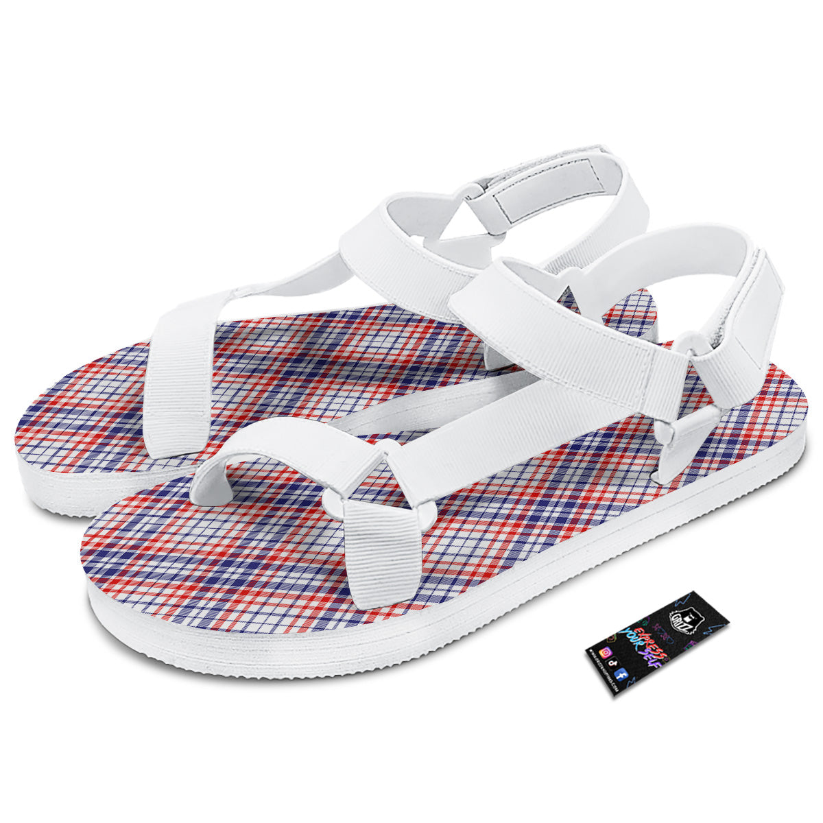 White American Plaid And Blue Red Print White Open Toe Sandals-grizzshop