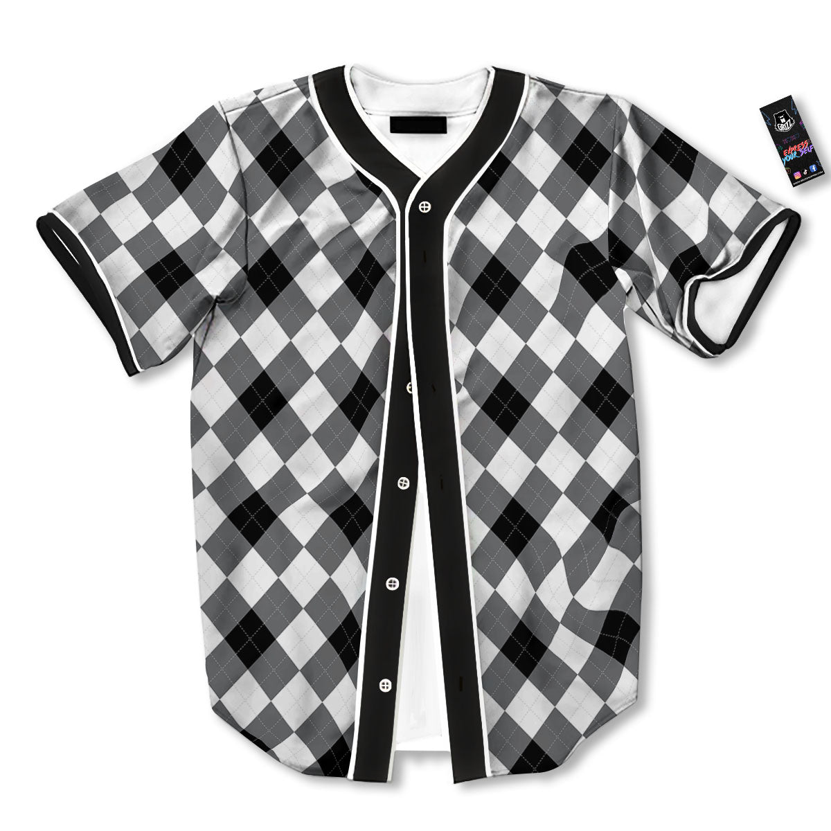 White And Black Argyle Print Pattern Baseball Jersey-grizzshop