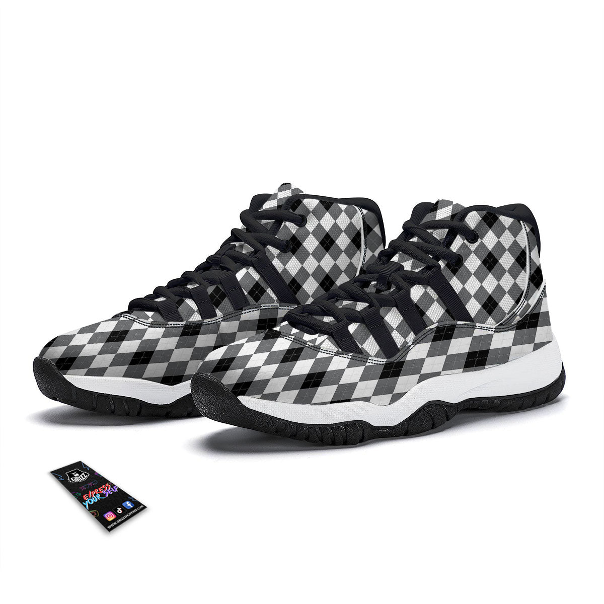 White And Black Argyle Print Pattern Black Bball Shoes-grizzshop