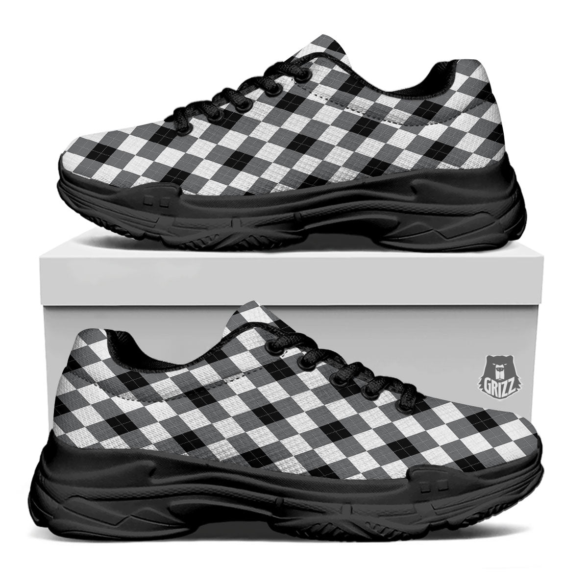 White And Black Argyle Print Pattern Black Chunky Shoes-grizzshop