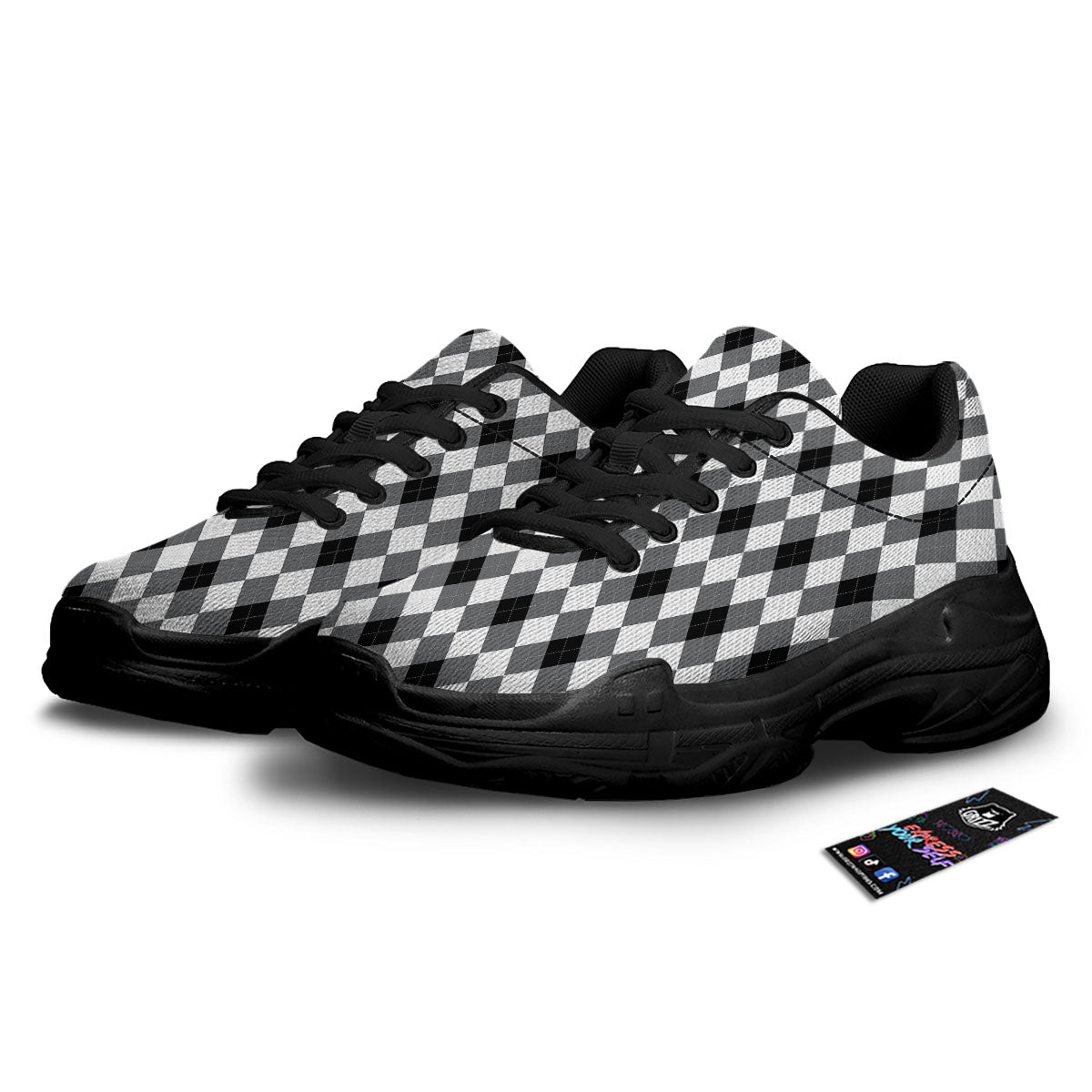 White And Black Argyle Print Pattern Black Chunky Shoes-grizzshop