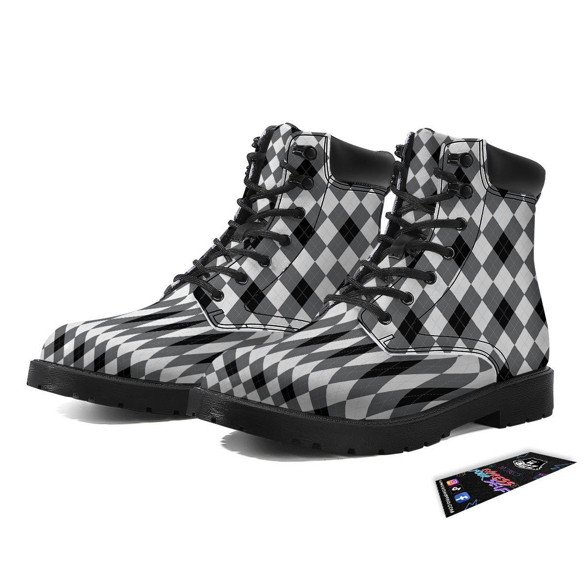 White And Black Argyle Print Pattern Boots-grizzshop