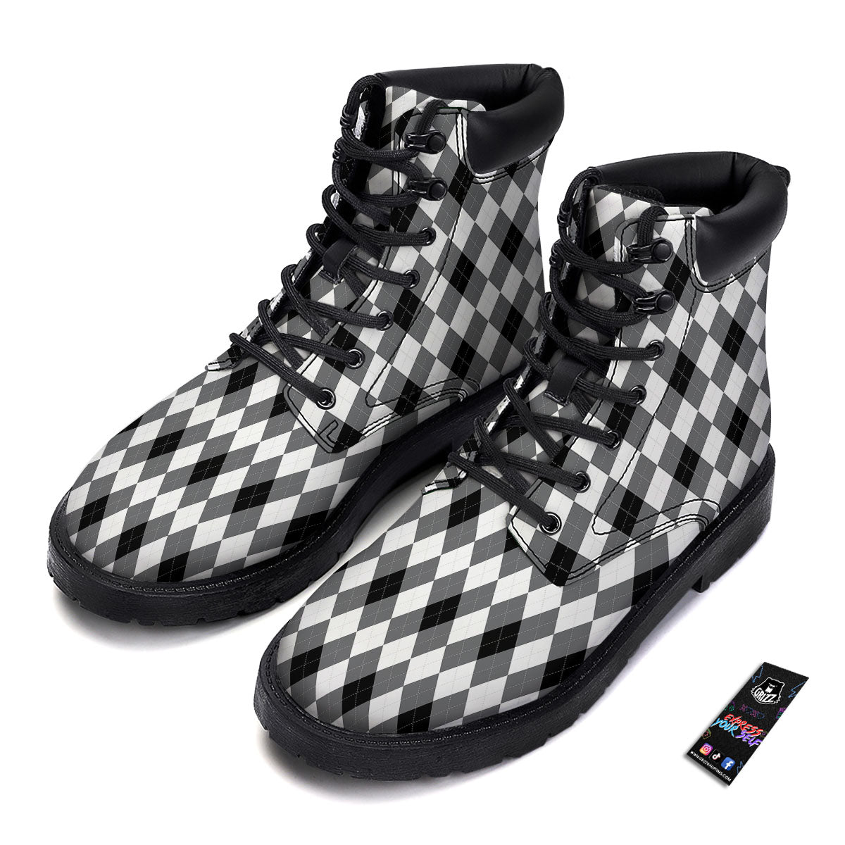 White And Black Argyle Print Pattern Boots-grizzshop