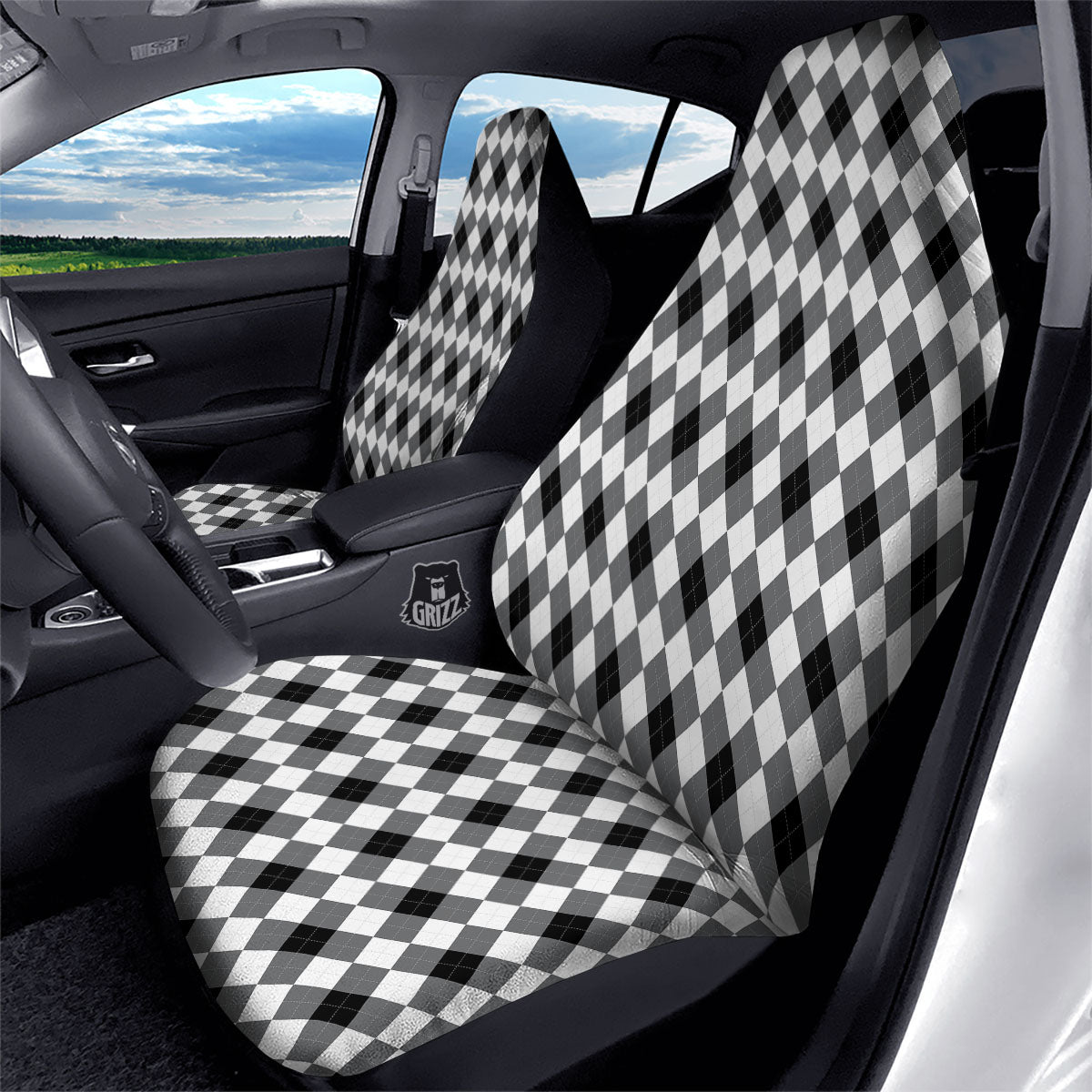 White And Black Argyle Print Pattern Car Seat Covers-grizzshop