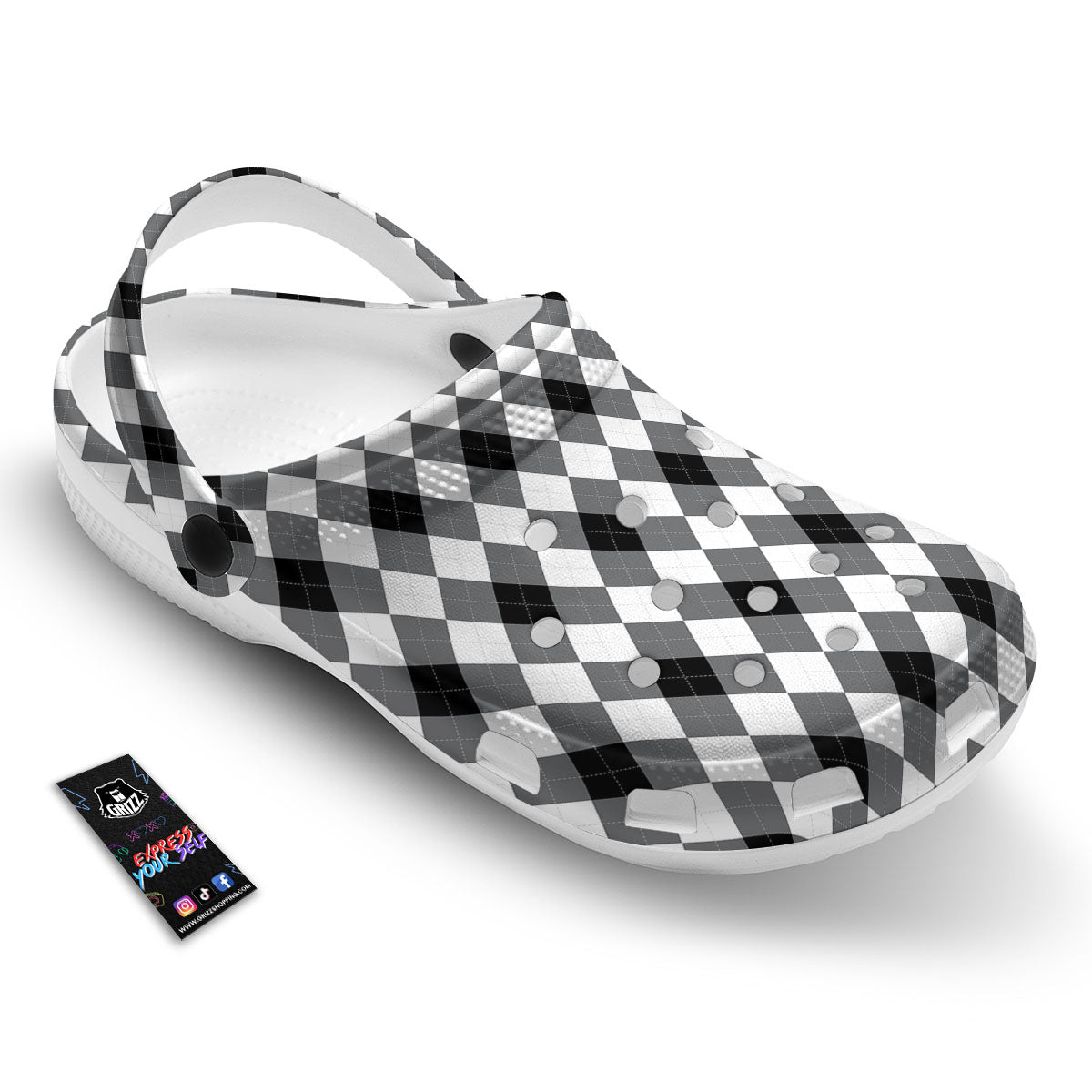 White And Black Argyle Print Pattern Clog-grizzshop