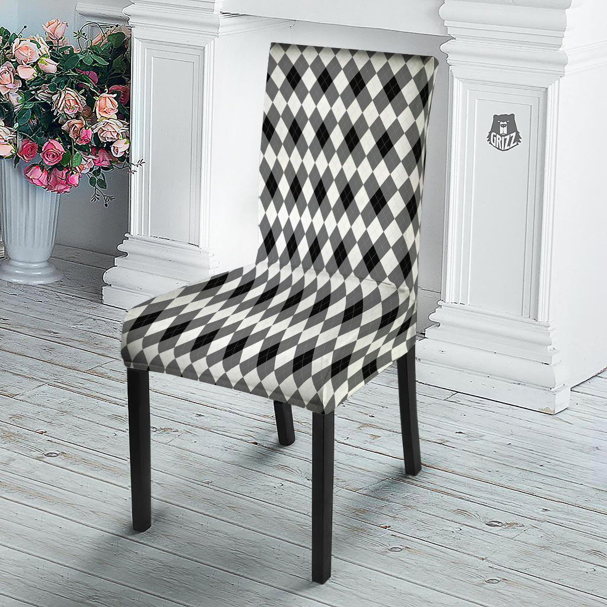 White And Black Argyle Print Pattern Dining Chair Slipcover-grizzshop