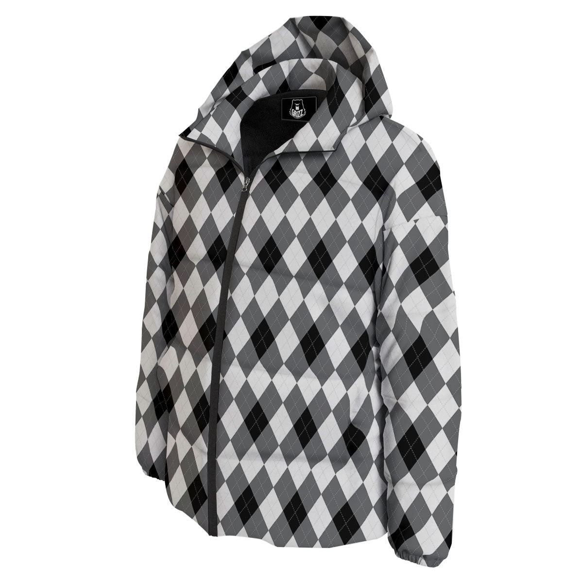 White And Black Argyle Print Pattern Down Jacket-grizzshop