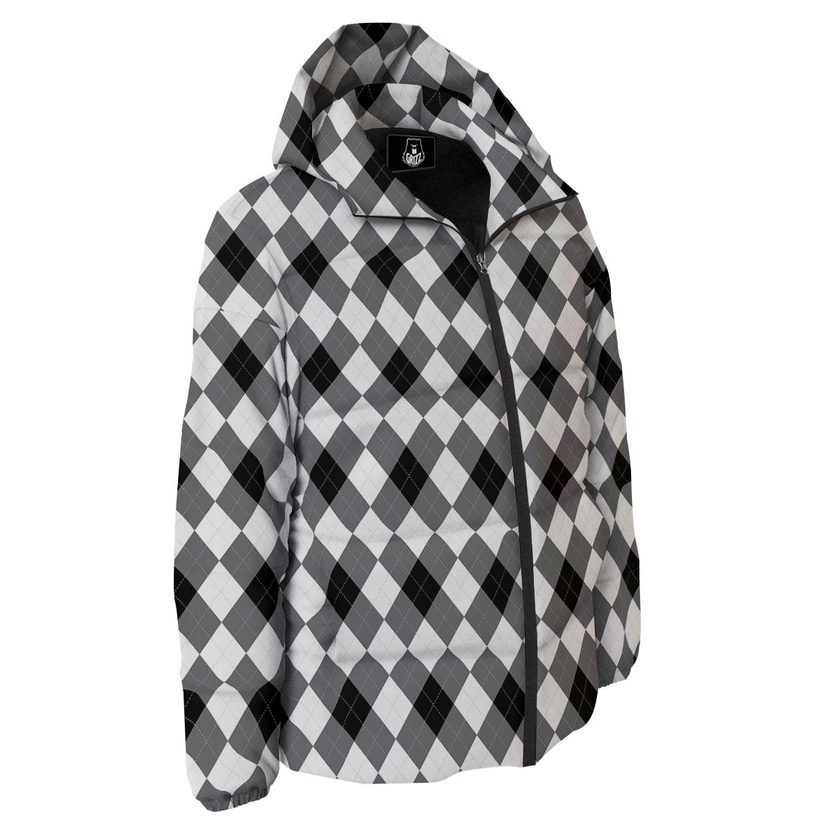 White And Black Argyle Print Pattern Down Jacket-grizzshop