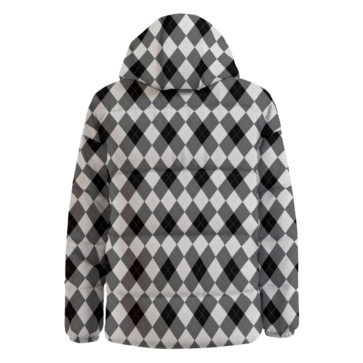White And Black Argyle Print Pattern Down Jacket-grizzshop