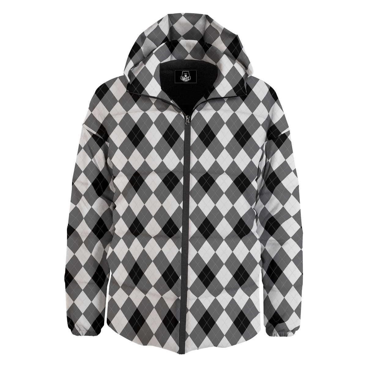 White And Black Argyle Print Pattern Down Jacket-grizzshop