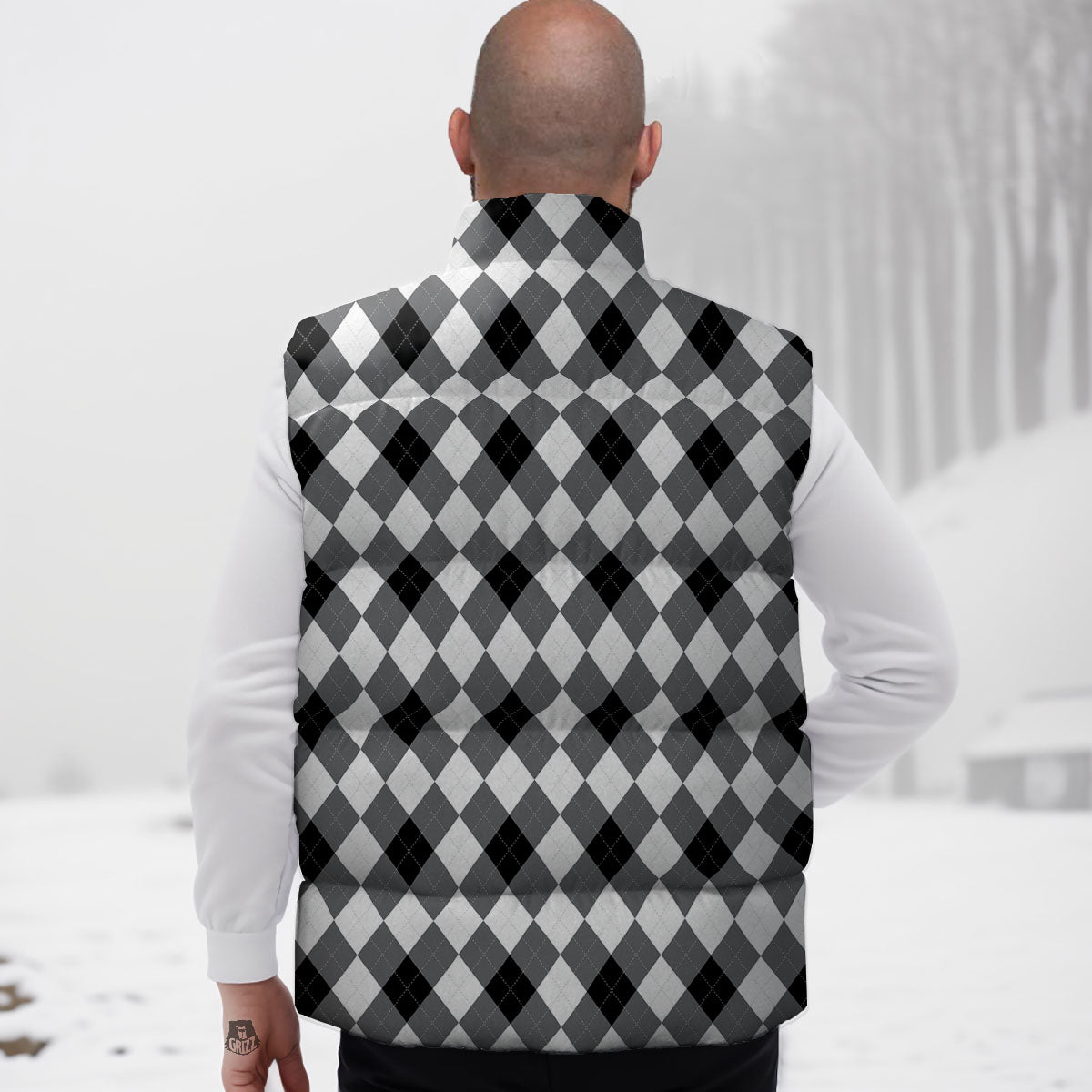 White And Black Argyle Print Pattern Down Vest-grizzshop