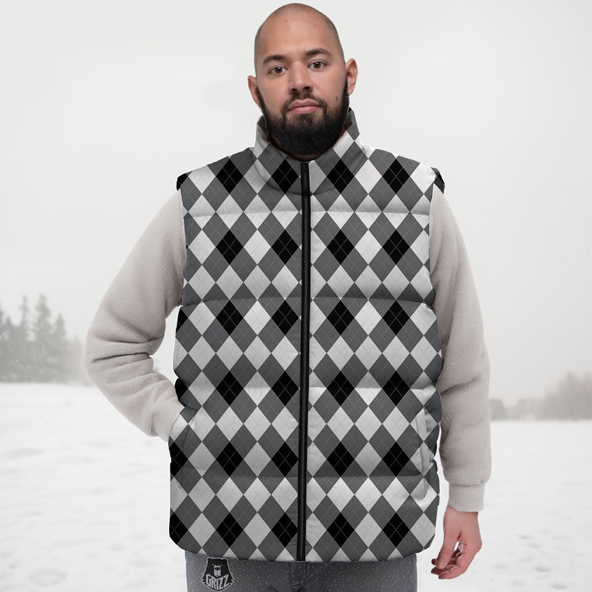 White And Black Argyle Print Pattern Down Vest-grizzshop