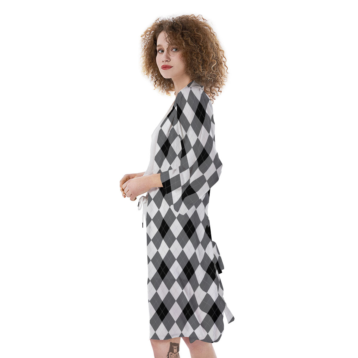 White And Black Argyle Print Pattern Kimono-grizzshop