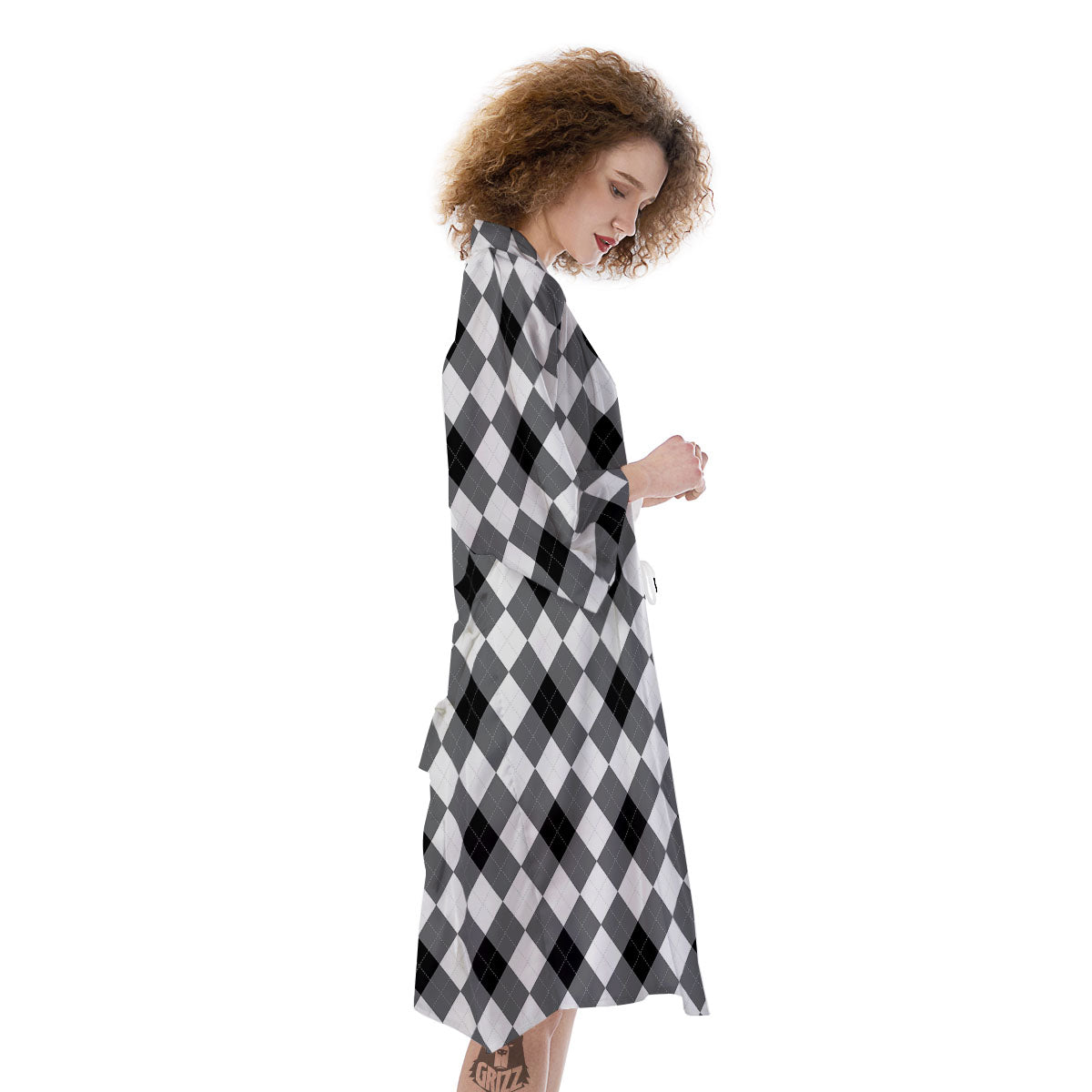 White And Black Argyle Print Pattern Kimono-grizzshop