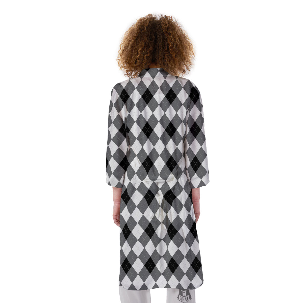 White And Black Argyle Print Pattern Kimono-grizzshop