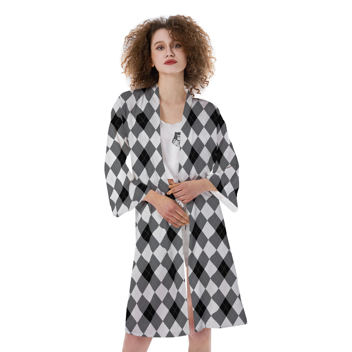 White And Black Argyle Print Pattern Kimono-grizzshop