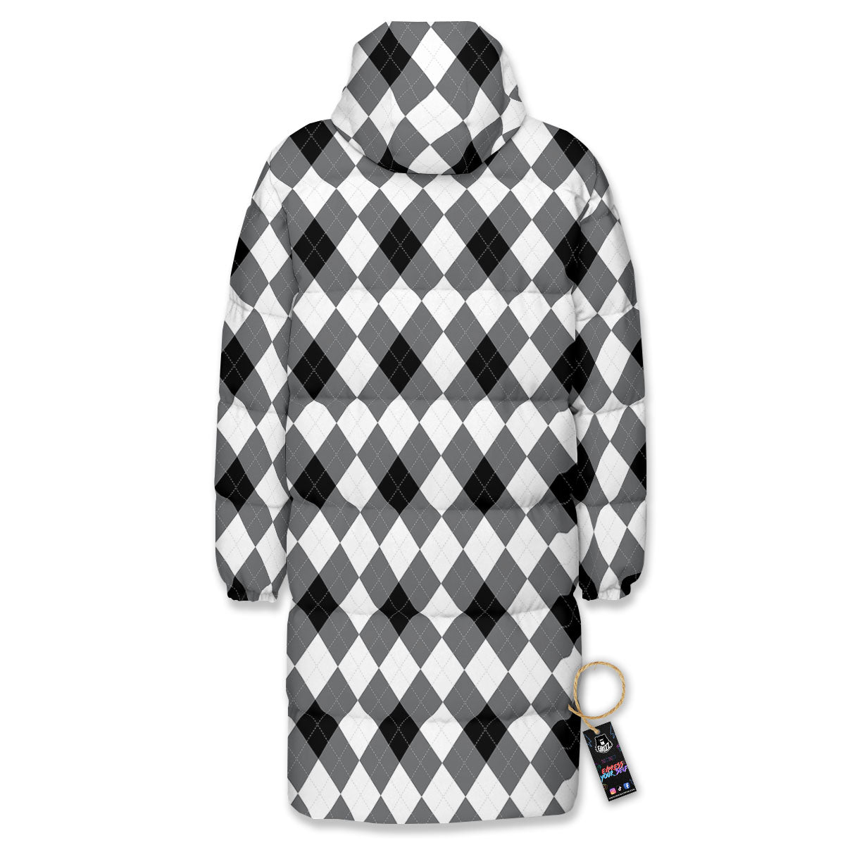 White And Black Argyle Print Pattern Long Down Jacket-grizzshop