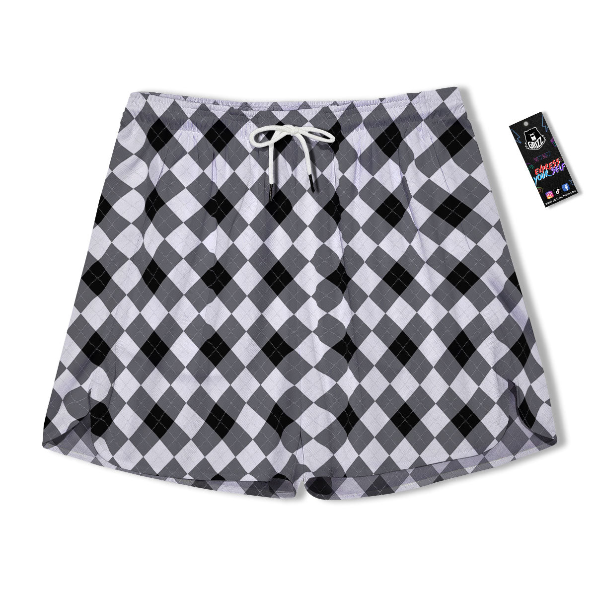 White And Black Argyle Print Pattern Men's Running Shorts-grizzshop