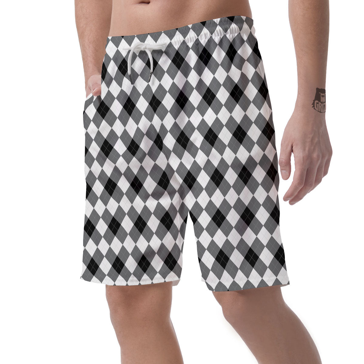 White And Black Argyle Print Pattern Men's Shorts-grizzshop