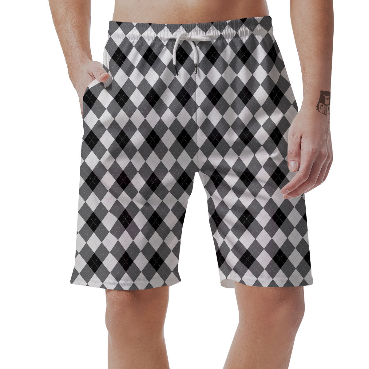 White And Black Argyle Print Pattern Men's Shorts-grizzshop
