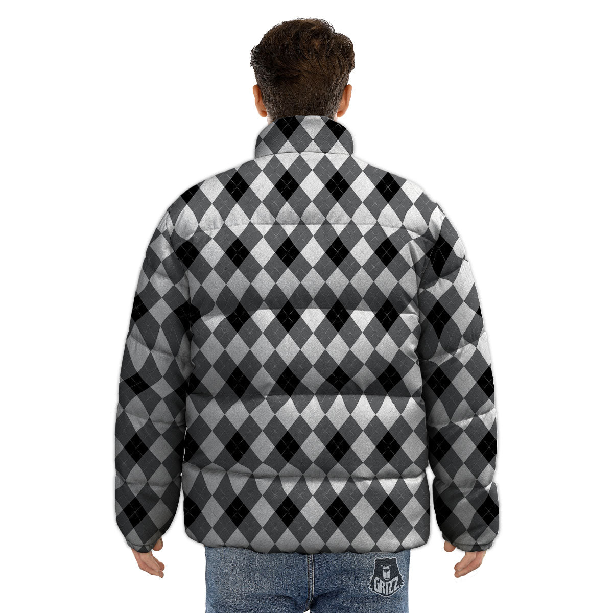 White And Black Argyle Print Pattern Puffer Jacket-grizzshop