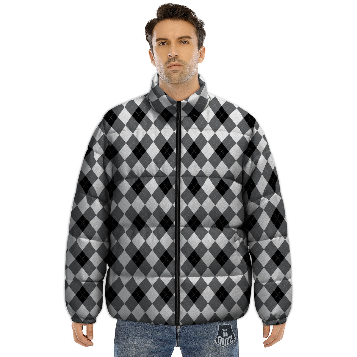 White And Black Argyle Print Pattern Puffer Jacket-grizzshop