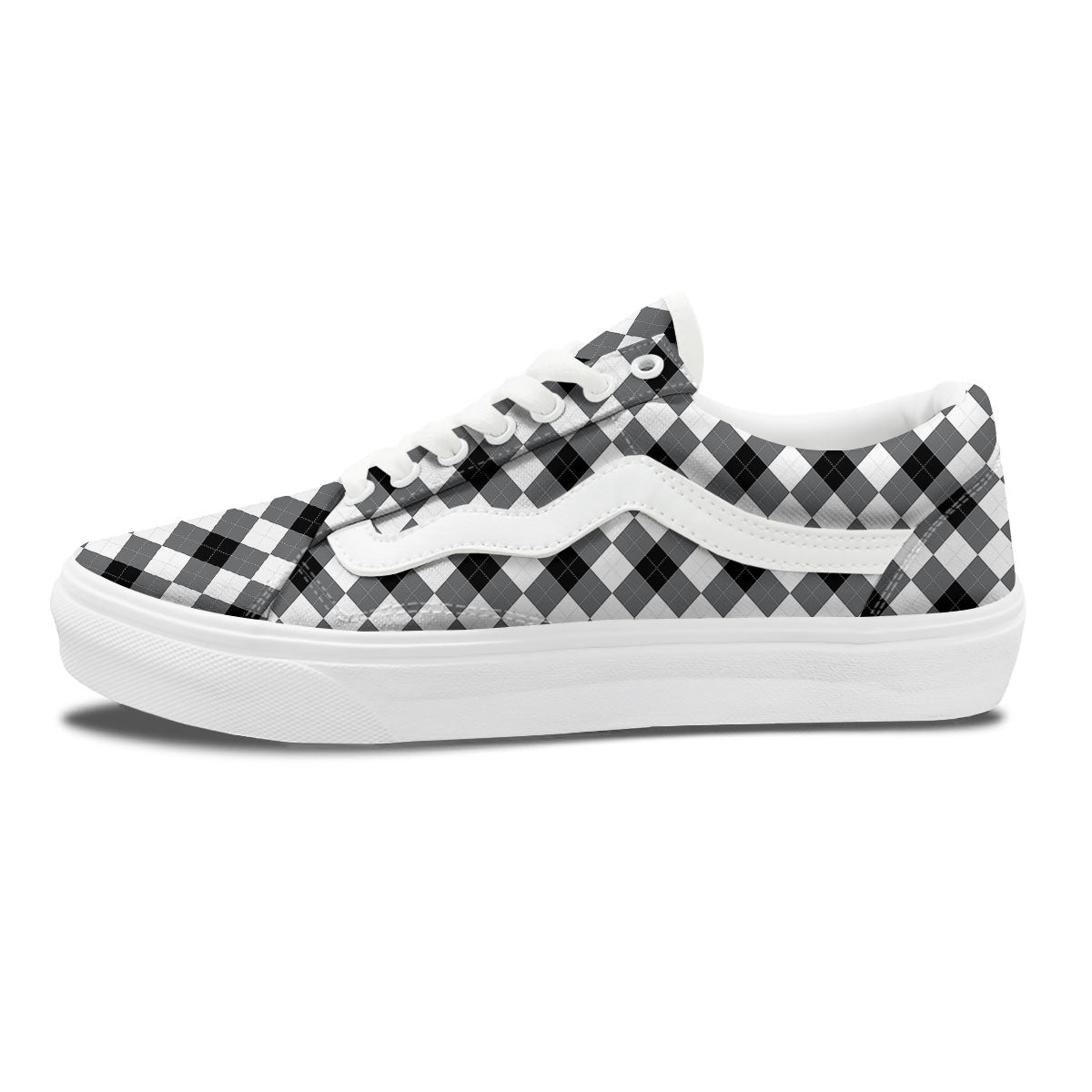 White And Black Argyle Print Pattern Skate Shoes-grizzshop