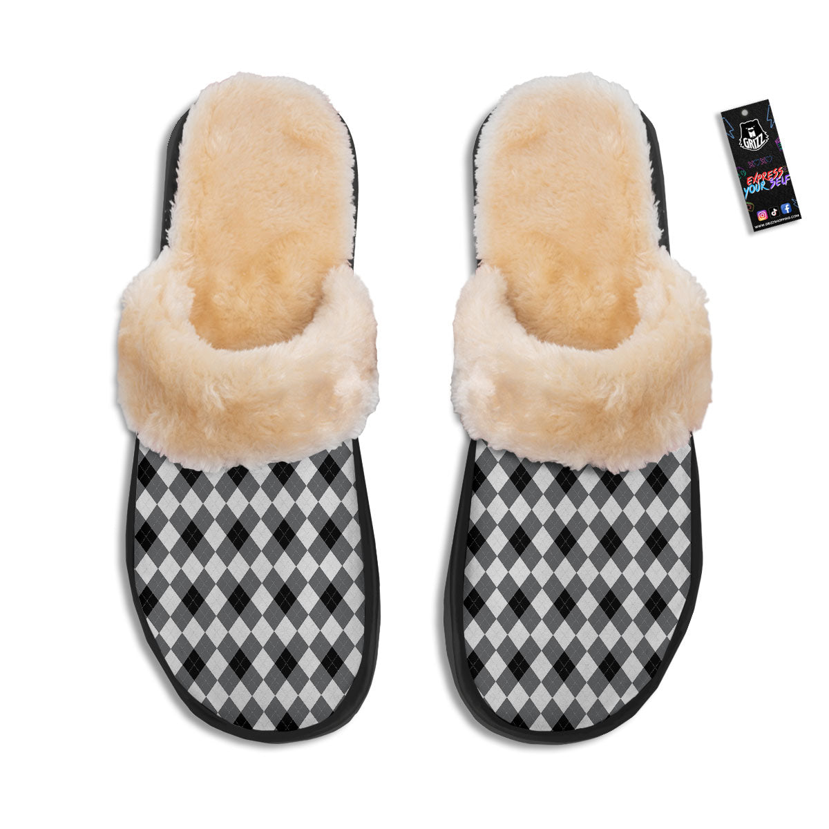 White And Black Argyle Print Pattern Slippers-grizzshop