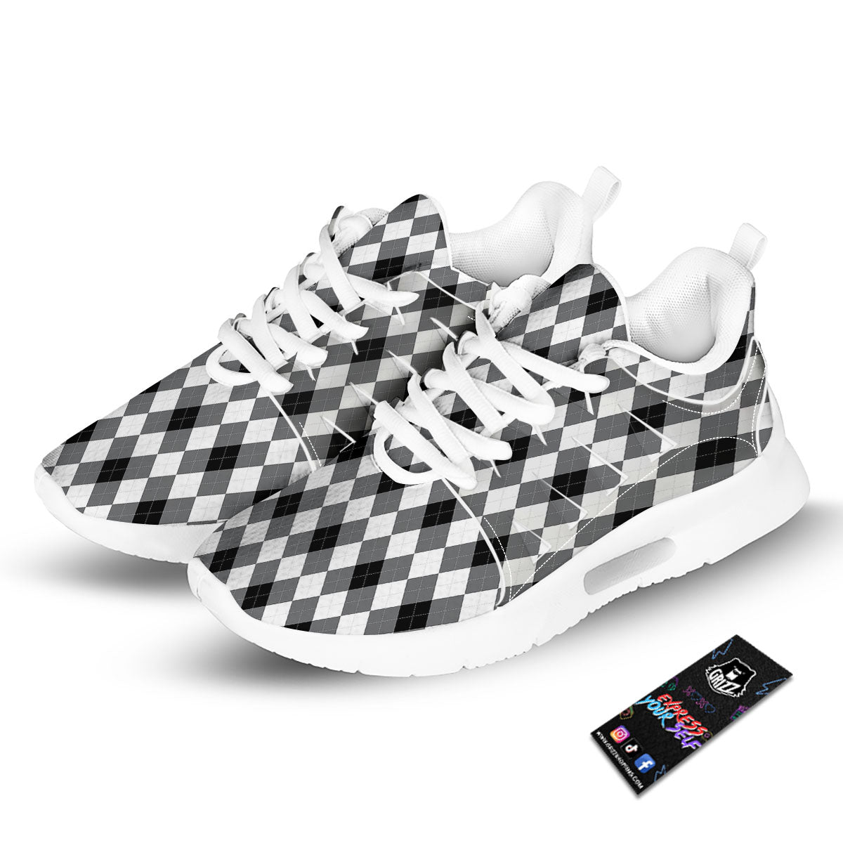 White And Black Argyle Print Pattern Tennis Shoes-grizzshop