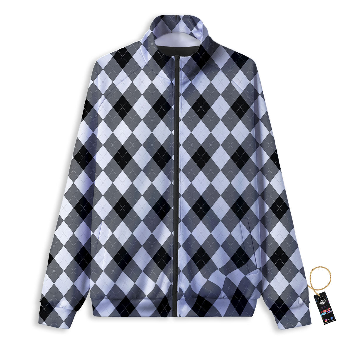 White And Black Argyle Print Pattern Track Jacket-grizzshop