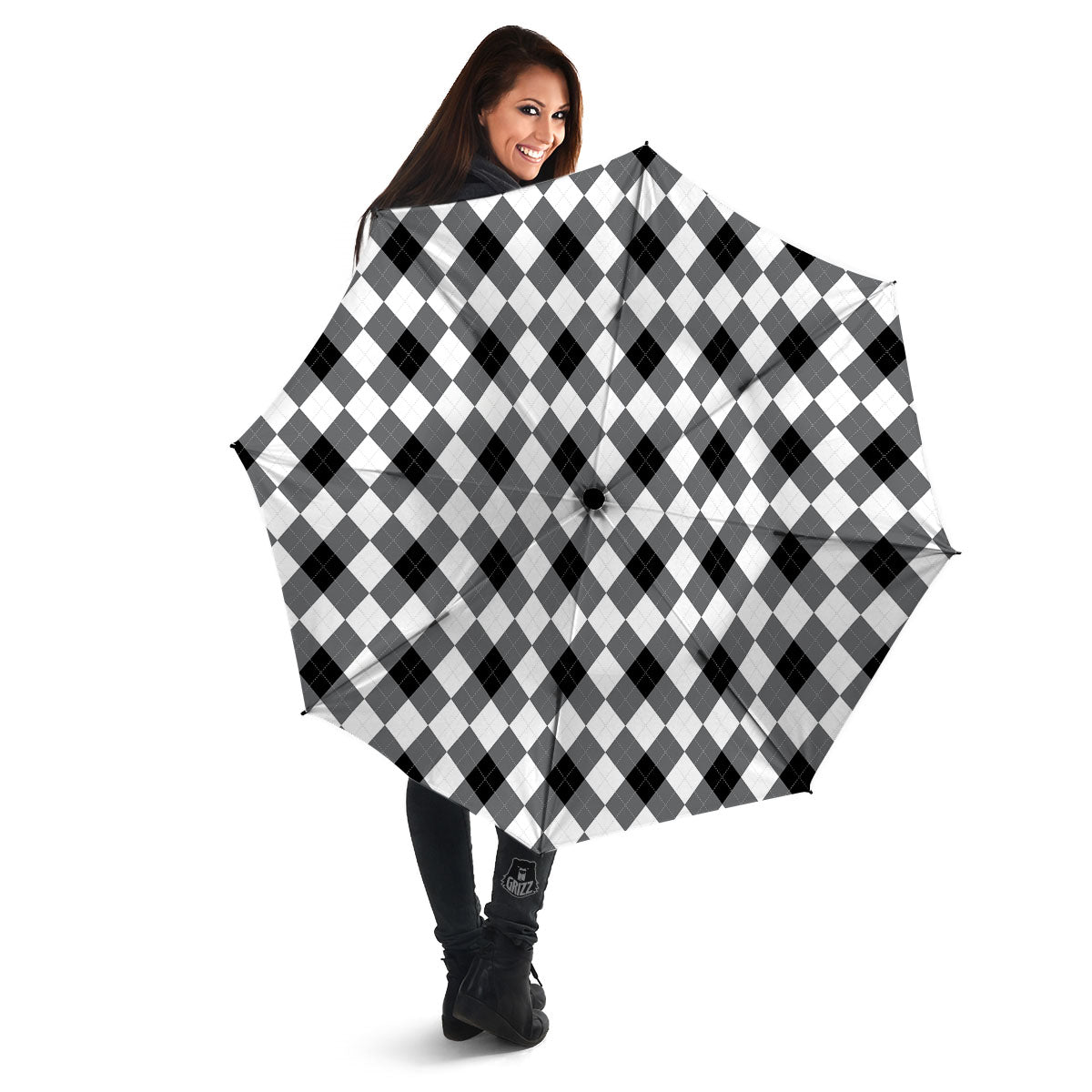 White And Black Argyle Print Pattern Umbrella-grizzshop