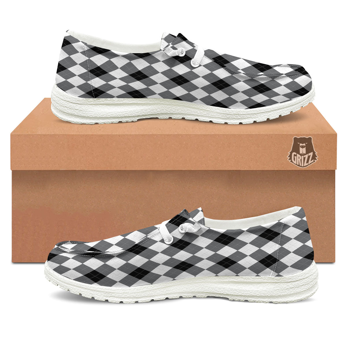 White And Black Argyle Print Pattern White Loafers-grizzshop