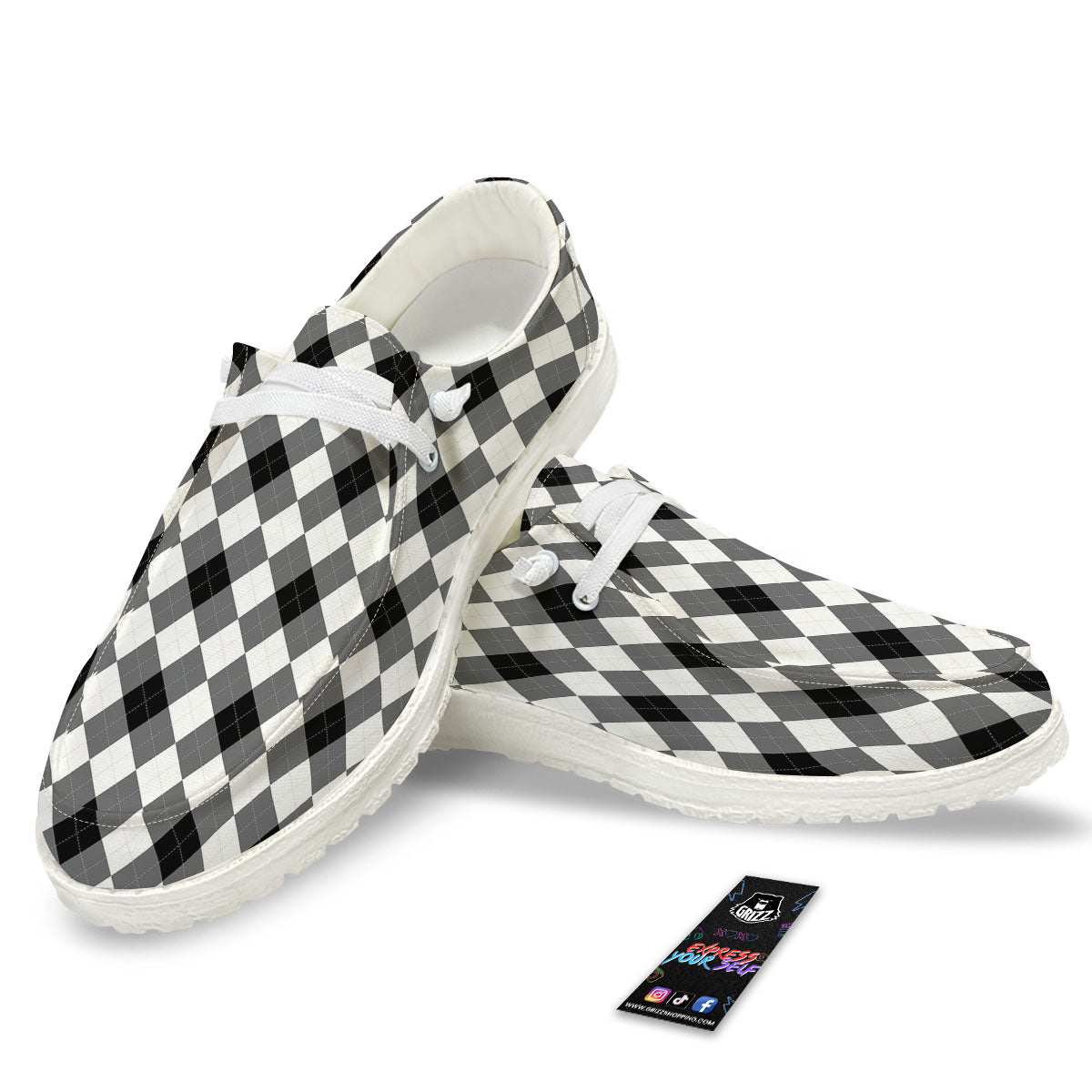 White And Black Argyle Print Pattern White Loafers-grizzshop