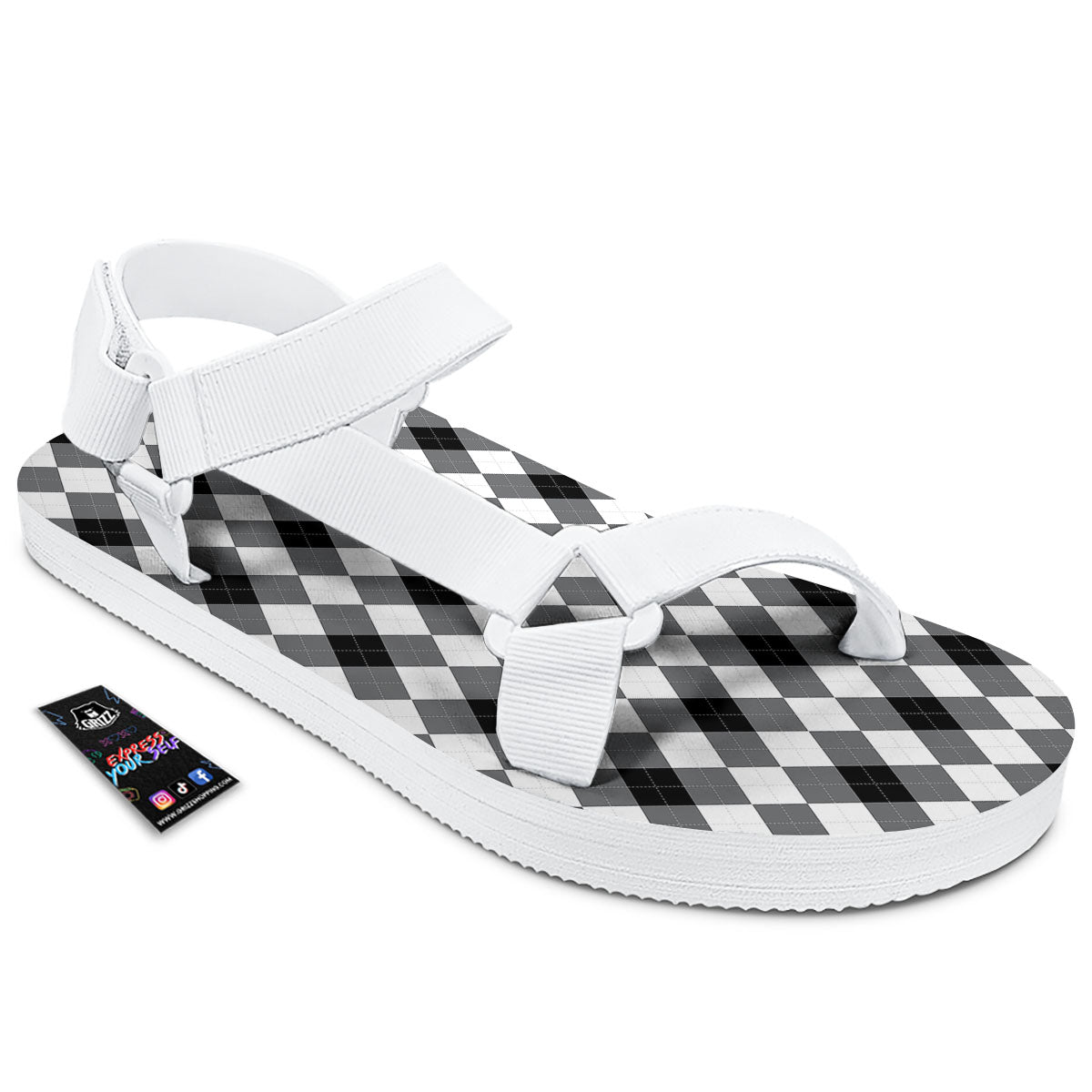 White And Black Argyle Print Pattern White Open Toe Sandals-grizzshop