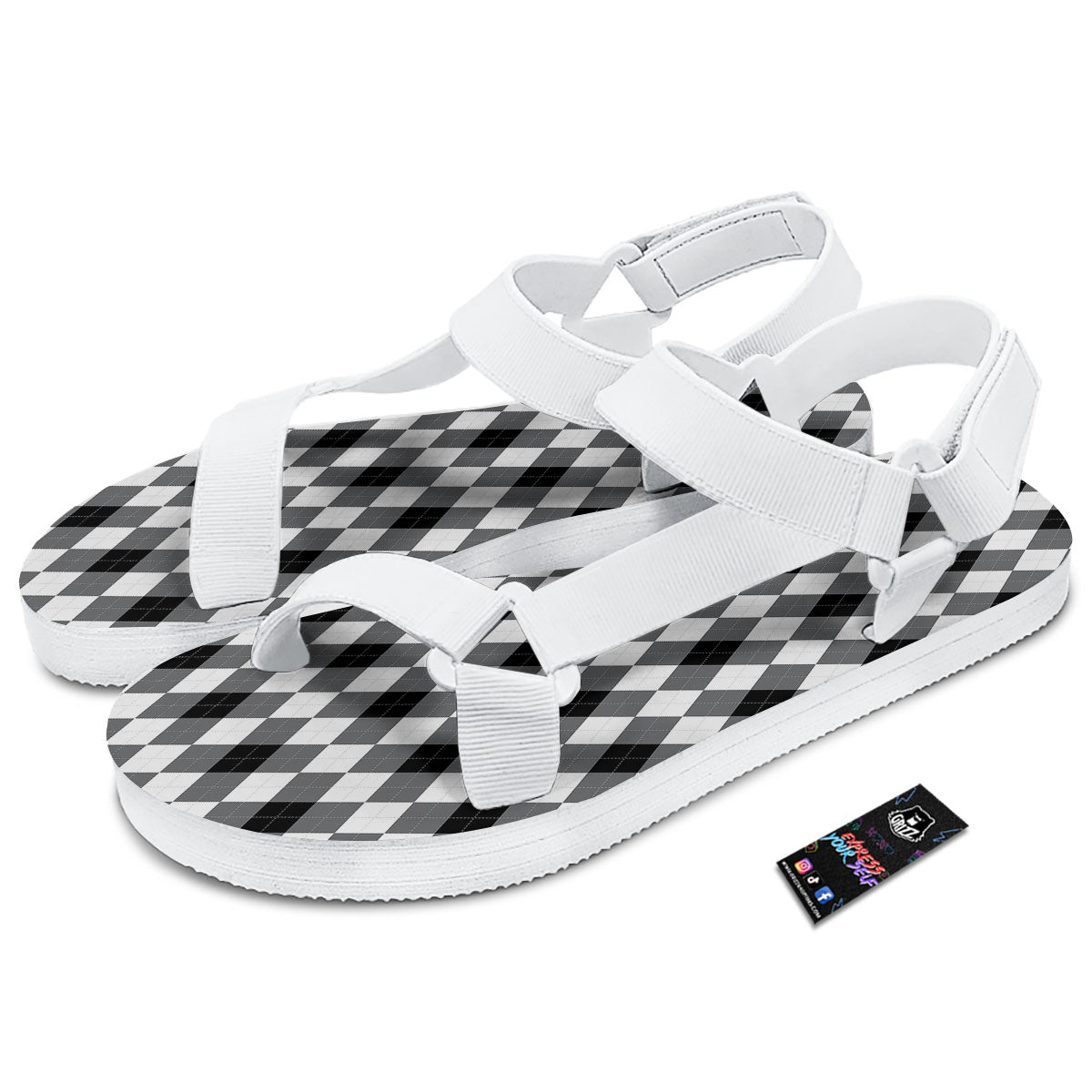 White And Black Argyle Print Pattern White Open Toe Sandals-grizzshop