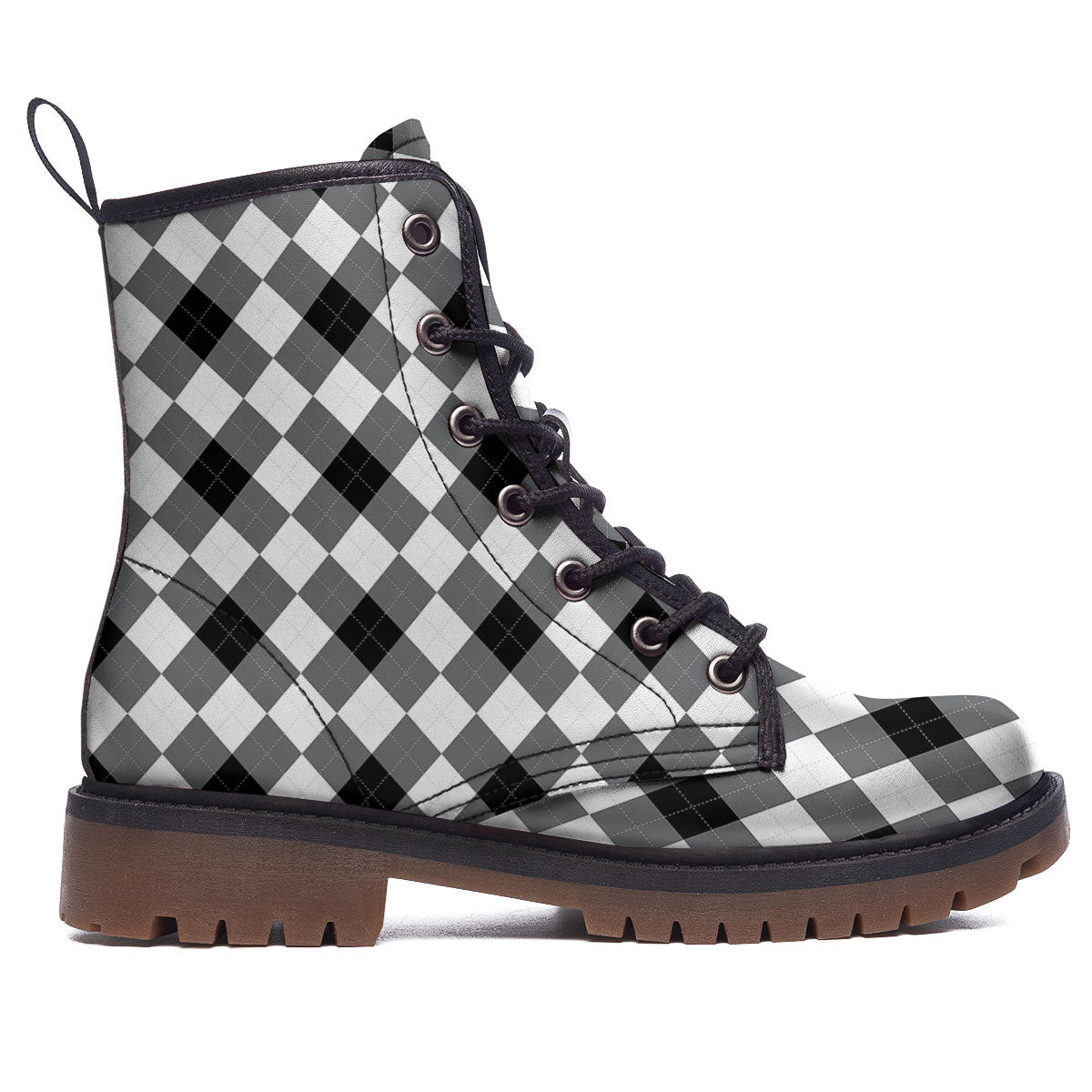 White And Black Argyle Print Pattern Work Boots-grizzshop