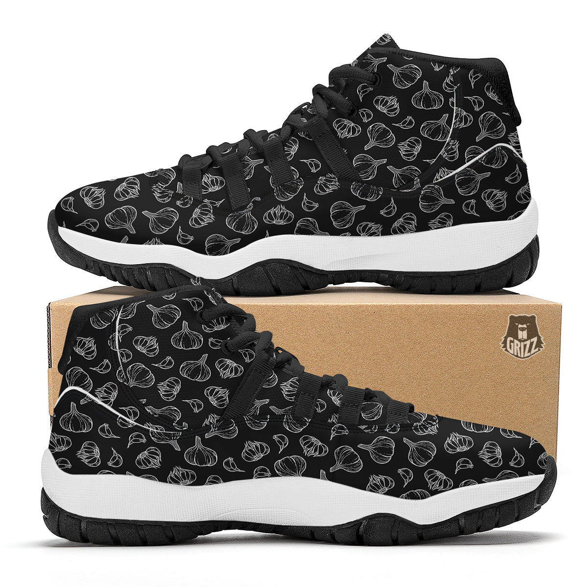 White And Black Garlic Print Pattern Black Bball Shoes-grizzshop