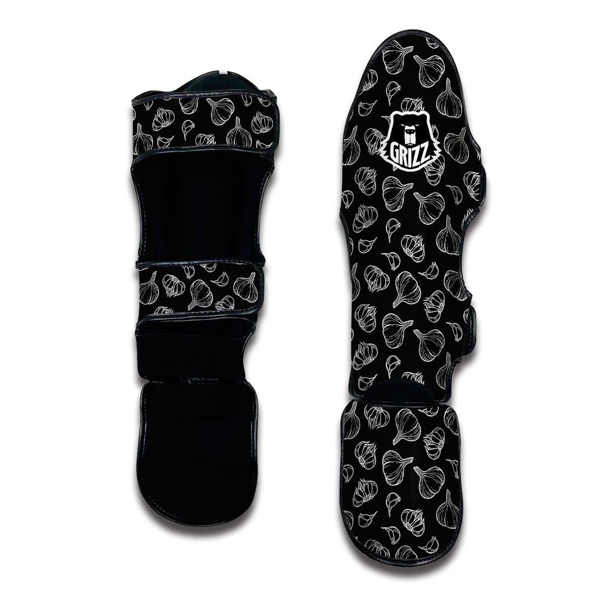 White And Black Garlic Print Pattern Muay Thai Shin Guards-grizzshop