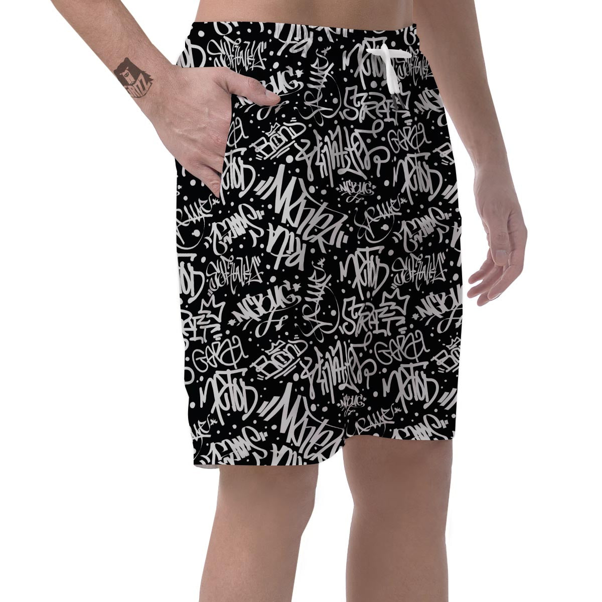 White And Black Graffiti Doodle Text Print Men's Shorts-grizzshop
